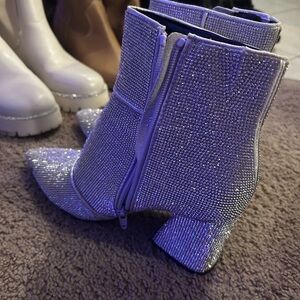 Women's Silver Rhinestone Ankle Boots - Sparkle Block Heel